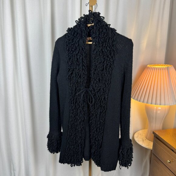 VTG Y2K Chunky Fringe Trim & Cuffs Wool Blend Boucle Cardigan Medium - Picture 3 of 13